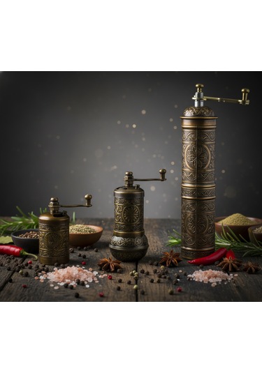 Ludıa Zamak Metal Antik Renk 3 Lü Set Karabiber,kahve,çörek Otu El Değirmeni Öğütücü Grinder S2 Koyu Yeşil