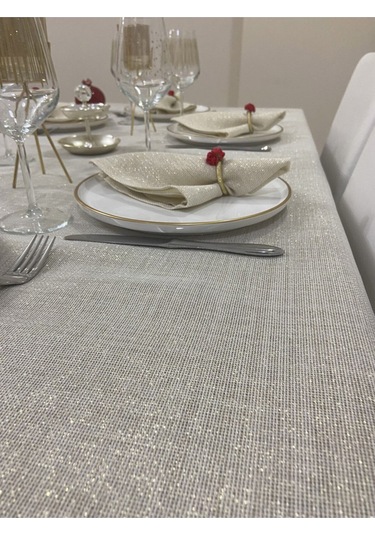 Keten Görünümlü Simli Linen Masa Örtüsü Gold 13 Parça