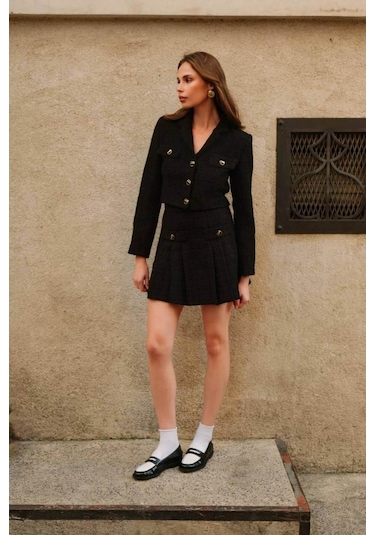 Kadın Premium Tuvit Siyah Crop Ceket