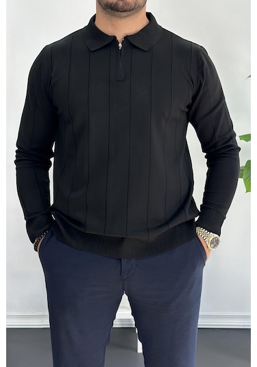 Erkek Yarım Fermuarlı Polo Yaka Mevsimlik Kazak Siyah Edw195 Siyah