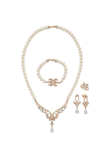 8,5 Mm Koç Başı Zirkon Taşlı İnci Kolye Bileklik Küpe Yüzük Dörtlü Set 8 / Rose Gümüş