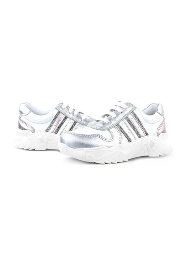 Rakerplus Hakiki Deri Gümüş Pembe Parlak Taşlı Kız Çocuk Sneakers Ayakkabı GÜMÜŞ