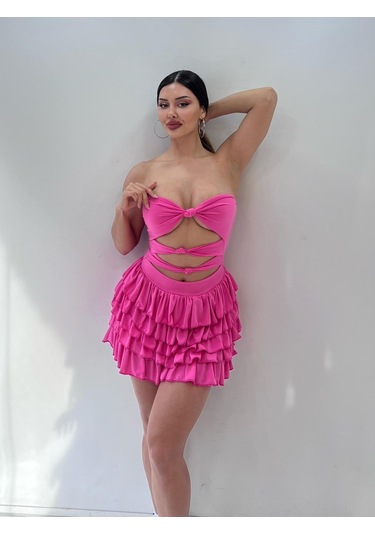 Pink Life Pembe Eteği Kat Kat Fırfırlı Sandy Mini Elbise Pembe