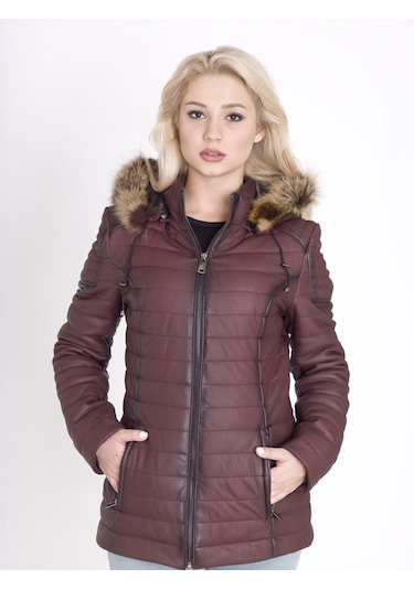 Kadın Gerçek Deri Şişme Kaban Bordo