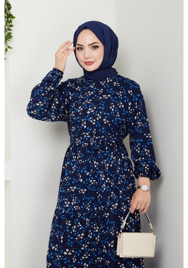 Semar Dokuma Viskon Elbise 1541 - Lacivert Lacivert