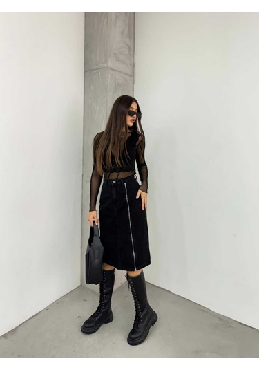 Shevega Kadın Siyah Ön Fermuar Detayli Kot Etek Siyah