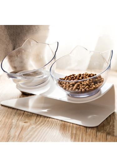 Lemestar Kedi Köpek İçin 15 Derece Eğimli Transparent Çift Kase - Boyun Omurga Koruyucu, Kulaak Yorgunluğunu Önleyen Plastik Besleme Tabağı Opp Paketli