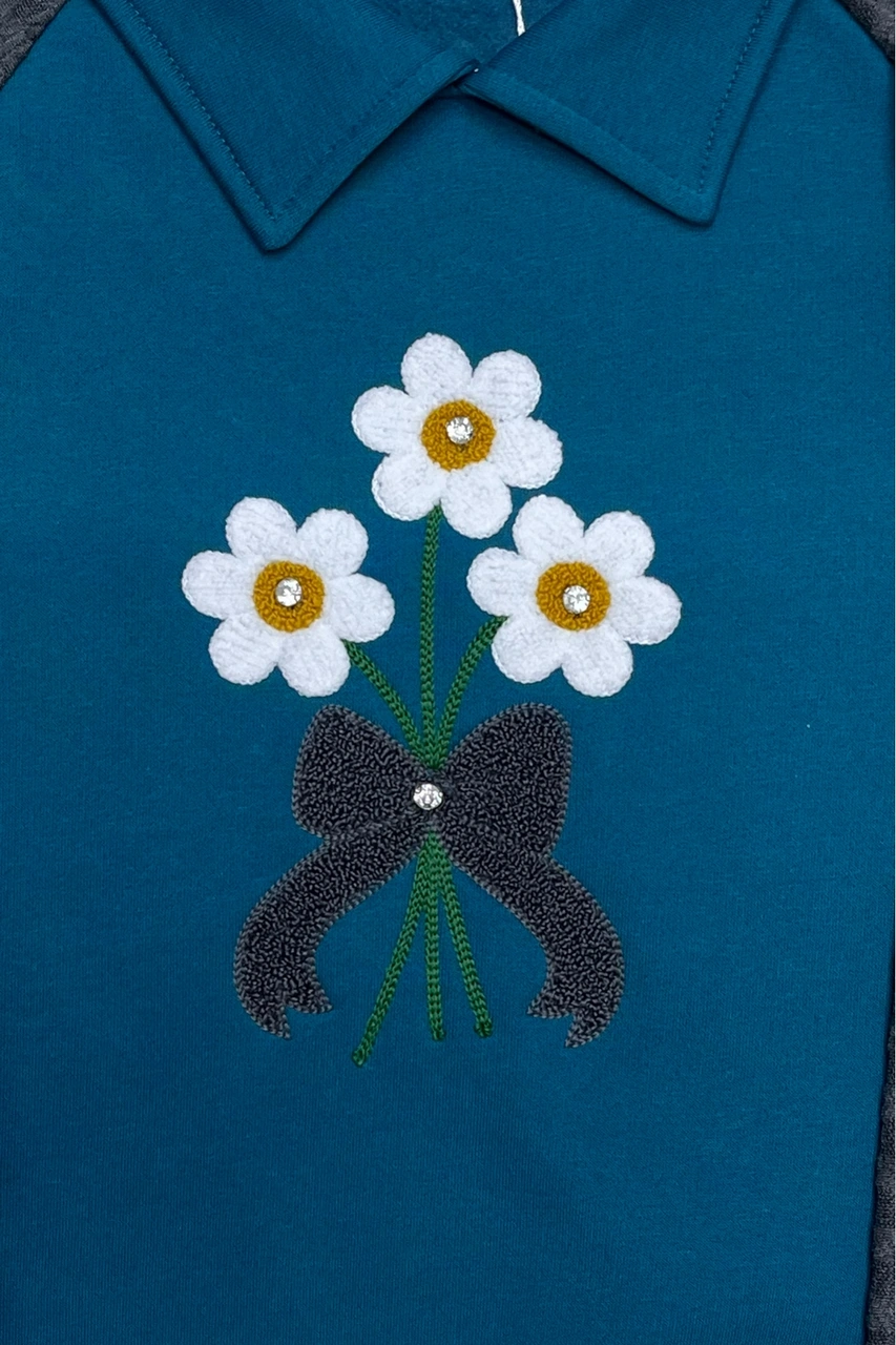 Kız Çocuk Papatya Nakışlı Ribana Detaylı 3 İplik Alt- Üst Takım 12322 Petrol Mavi