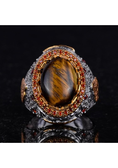 Gerçek Doğal Taş Yüzük - Sultan Yüzük - 925 Ayar Gümüş Yüzük Kaplan Gözü Gümüş
