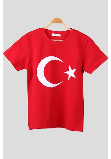 Türk Bayraklı T-shirt Kız Ve Erkek Çocuk Unisex Bayram Tişörtü Kırmızı
