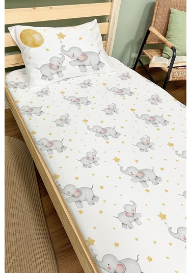 Organik Tek Kişilik Lastikli Çarşaf Seti - Hayalperest Fil Renkli
