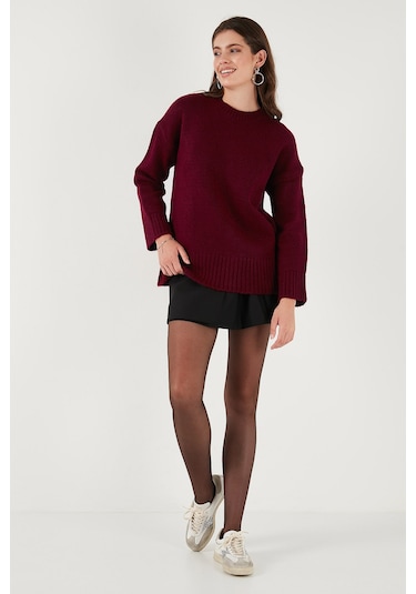 Lela Regular Fit Bisiklet Yaka Basic Triko Bayan Kazak 4616213 Bordo