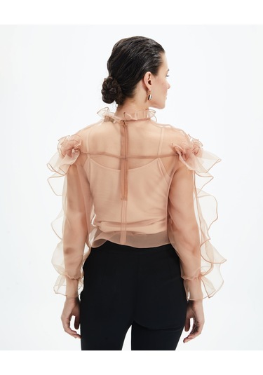 Kadın Volan Detaylı Şifon Bluz Çiçek Yaka Tasarım, Uzun Kollu Bej