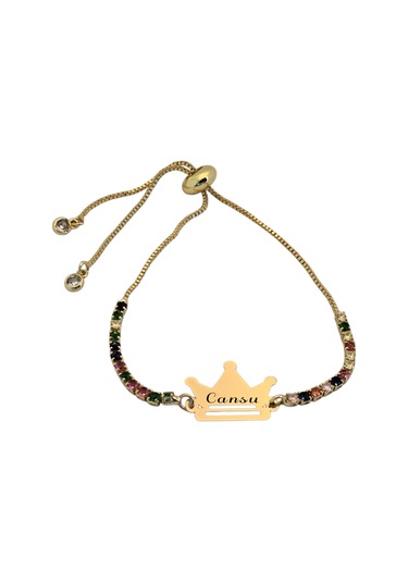 Cansu İsmine Özel Renkli Taş Desenli Taç Motifli 14 Ayar Altın Plakalı Hediye Bileklik-489isim Cansu