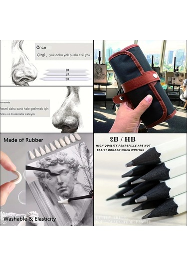 Kara Kalem Çizim Seti, Eskiz Kalem Seti, Dereceli Kalem Set, Tonlama-rulo Kalemlikli-tam Set 56parça