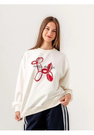 Kız Çocuk İki İplik Magic Baskılı Tasarım Sweatshirt-14215 Ekru