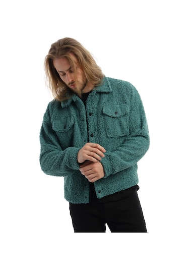 Erkek Kıvırçık Peluş Cıt Cıt Kapamalı Ceket Petrol