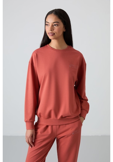 Tommy Life Tarçın Basic Pamuklu O Yaka Oversize Lastik Paça Kadın Eşofman Takım - 95287 Tarçın