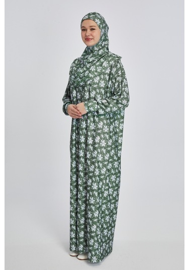 Pratik Tek Parça Manolya Desenli Namaz Elbisesi Haki