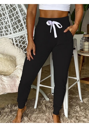 Kadın Kısa Kollu Madonna Yaka Viskon Crop Bluz Cepli Iki Iplik Eşofman Takım Siyah