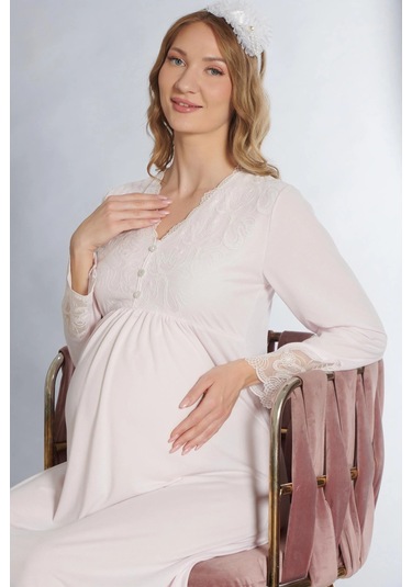 Lohusa Hamile Gecelik Uzun Kol Dantel Detaylı Emzirme Ve Hastane Çıkışı Flz 23-46