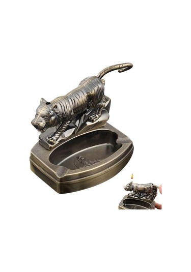 Kaplan Figürlü Metal Küllük Ve Çakmak Dekoratif Masaüstü Aksesuar