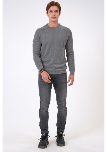 Gri Regular Fit Jakarlı Pamuklu Bisiklet Yaka Triko-gri Gri