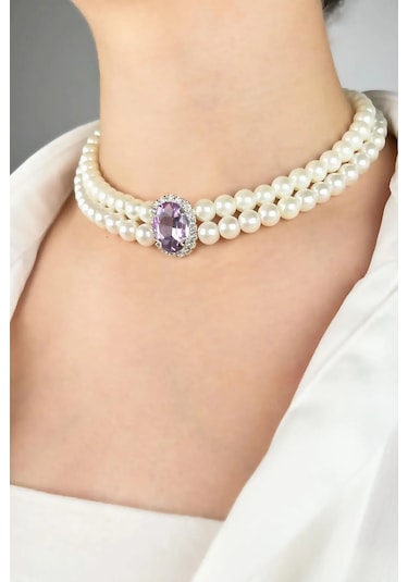 Kristal Uçlu İnci Choker Kolye - Mor Çok renkli