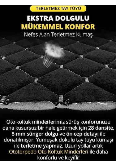 Tay Tüyü Sırtlı Oto Koltuk Minder Seti - Oto Koltuk Kılıf Seti - Cepli & Terletmez - Siyah