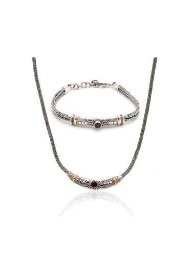 Yakut Taşlı 925 Ayar Saf Gümüş Hasır Zincir Unisex 2'li Set 201023670