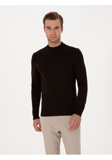 Cacharel Kahverengi Slim Fit Yün Karışımlı Çeyrek Balıkçı Basic Triko Kazak
