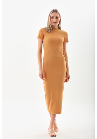 Hardal Kısa Kollu Diz Altı Fitilli Esnek Kalem Elbise - 130 Cm Hardal