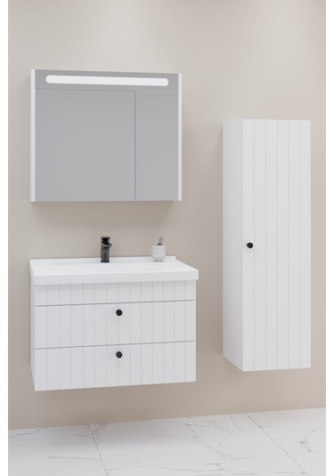 Petit 80 Cm Banyo Dolabı Npl Aynalı Beyaz - Boy Dolap Dahil Beyaz