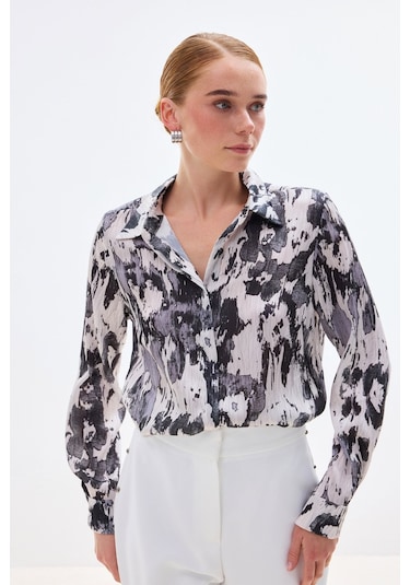 Sateen Desenli Düz Kesim Gömlek - Siyah-136802 Siyah