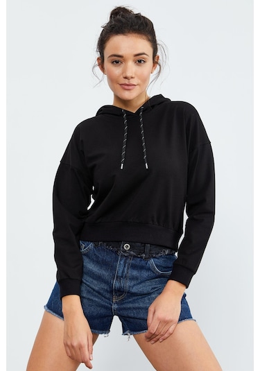 Tommy Life Siyah Uzun Kol Rahat Form Kapüşonlu Kadın Sweatshirt - 97115 Siyah