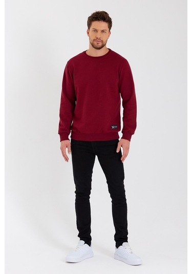 MMetalic Bisiklet Yaka Etiket Detayı İçi Pamuklu Erkek Sweatshirt Bordo