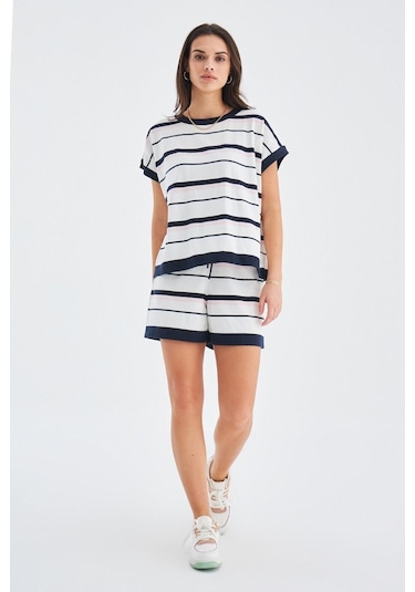 Peraluna Marıne Blouse & Shorts %100 Pamuk Yazlık Kadın Triko Şor Lacivert
