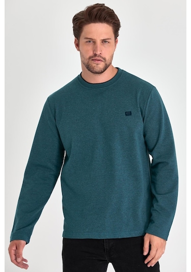 MMetalic Erkek Petrol Çift Bisiklet Yaka Baskı Detaylı Standart Rahat Kesim Sweatshirt Yeşil