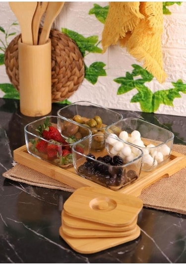 Bambum Krosna Plus Bambu Kapaklı Tepsili Cam Kahvaltı Seti 9 Parça Ahşap - Şeffaf