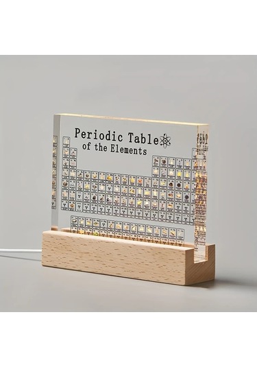 Fochsia Akrilik Periyodik Tablo Aydınlatmalı Ahşap Taban - Eğitici Kimya Öğretim Aracı Elektron Konfigürasyonlu