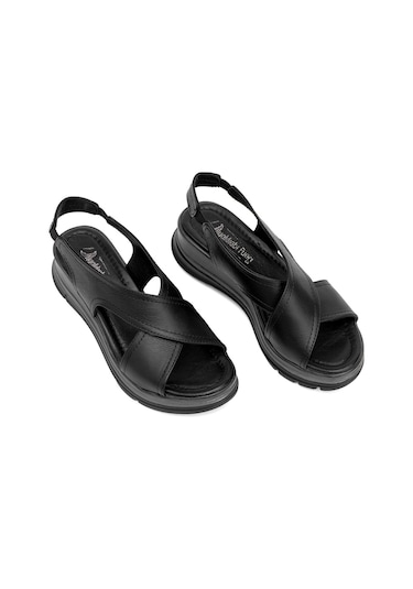 Elit Koc25-62 Kadın Hakiki Deri Dolgu Topuk Sandalet Siyah Siyah