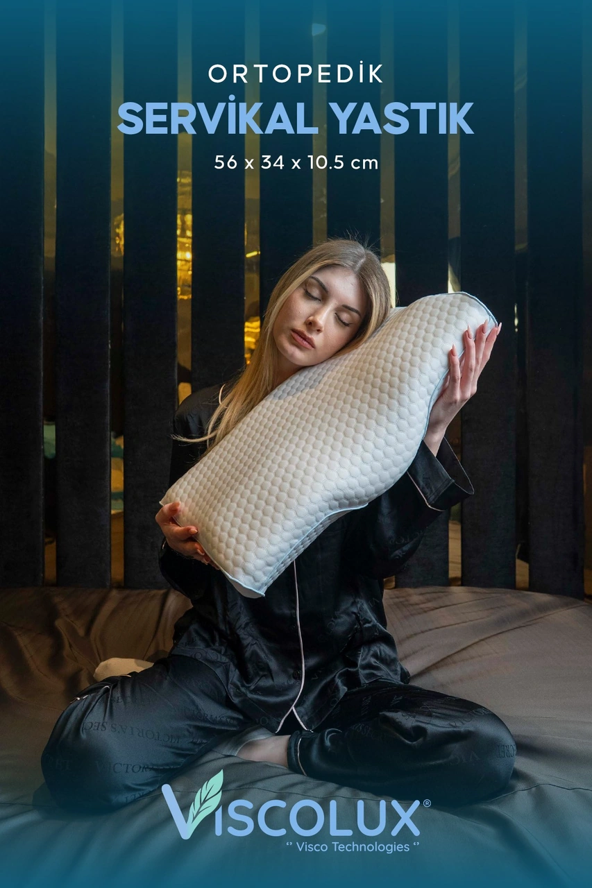 Servikal Boyun Destekli Ortopedik Yastık - Boyun Düzleşmesi Visco Yastık 56x34x10,5 Mavi