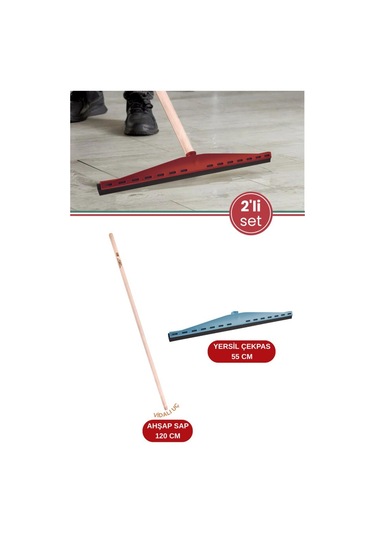 2 Li Yersil Ve Ağaç Sapı Temzlik Seti, Çekpas Çekçek Çeksil Yersil 55cm + Vidalı Ağaç Sap 120cm