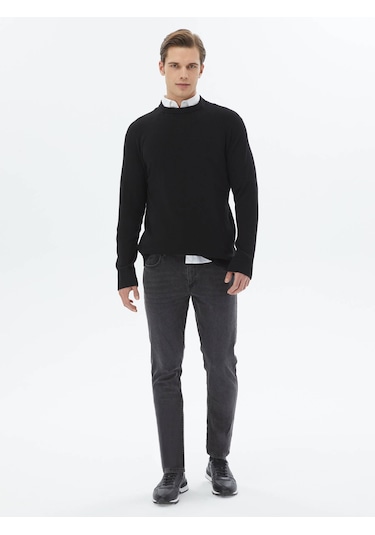 Kip Siyah Bisiklet Yaka Desenli Triko Çok Renkli