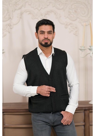 Woolen World Regular Fit Ön Cepli Kolsuz Erkek Triko Yelek Antrasit