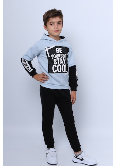 Erkek Çocuk 3 İplik Eşofman Takımı Baskılı Kapşonlu D32 Mavi