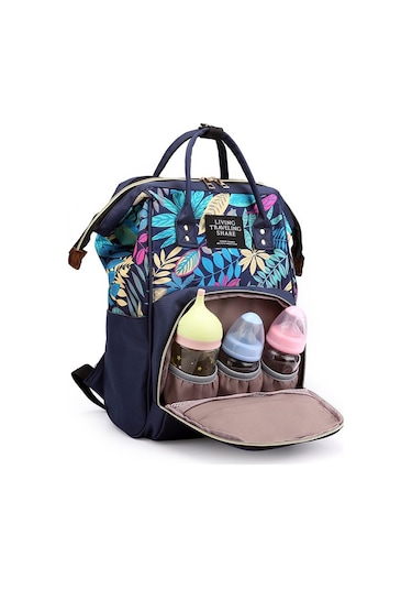 Sones Çiçek Desenli Şık Anne Bebek Seyahat Çantası, Biberon Bölmeli Çanta Mavi