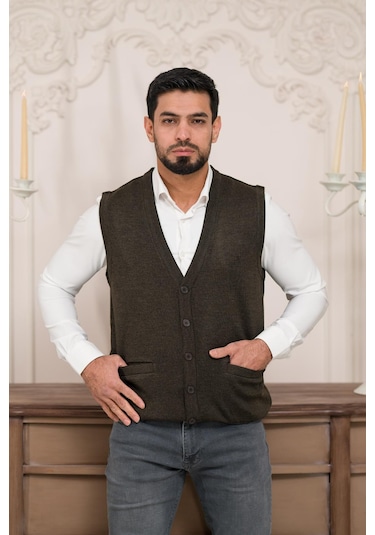 Woolen World Regular Fit Ön Cepli Kolsuz Erkek Triko Yelek Kahverengi