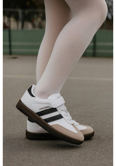 Günlük Unisex Çocuk Sneaker Bağcıklı Hafif Esnek Kaymaz Taban Ayakkabı 105 Beyaz Siyah