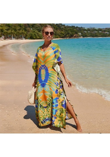Edolynsa Kadınlar Zarif Kaftan Elbiseler Uzun Artı Boyutu Mayo Cover Up Resort Giyim Plaj Mayo Coverups Gevşek Loungewearq1464 Çok Renkli